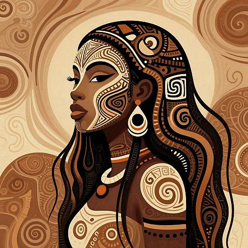 Digital art of a dark-skinned woman with intricate tribal patterns on her face and long hair, against a swirling brown and beige background. She wears large