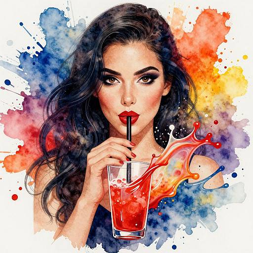 Digital watercolor portrait of a dark-haired woman with red lipstick, sipping a vibrant red drink splashing out of the glass.