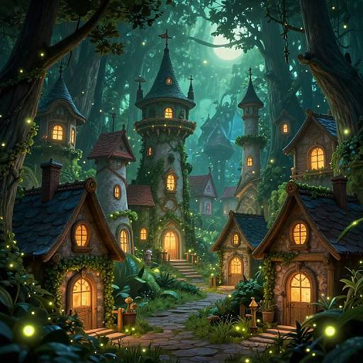 Whimsical, glowing, fairy-tale forest village with enchanted, stone cottages, lantern-lit windows, and fireflies, nestled among lush