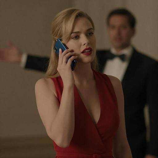 Elegant Woman in Red Dress with Phone