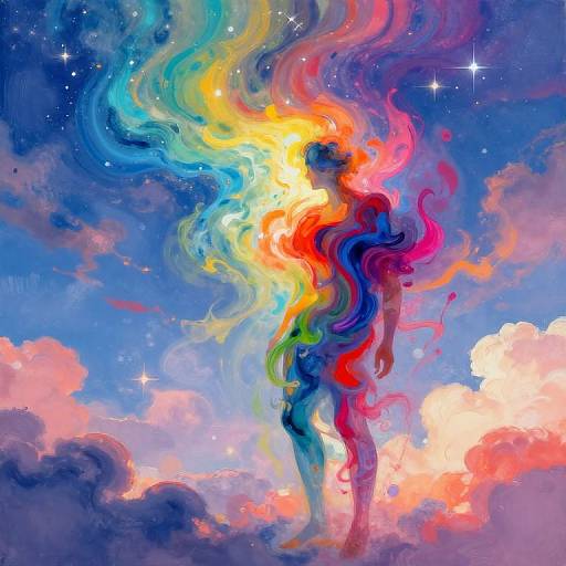 Digital painting of a colorful, silhouetted figure with swirling rainbow flames in a starry, cloudy sky, blending vibrant hues and ethereal textures
