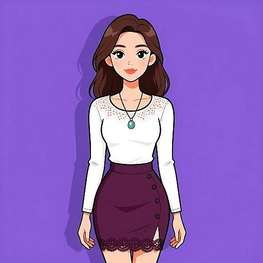 Digital anime-style drawing of a smiling woman with long brown hair, wearing a white long-sleeve top, purple skirt with black buttons, and lace