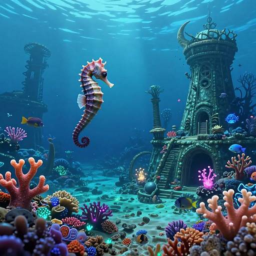 Digital illustration of a vibrant underwater scene featuring a seahorse, colorful coral reefs, and a mystical, ancient stone tower with glowing lights.