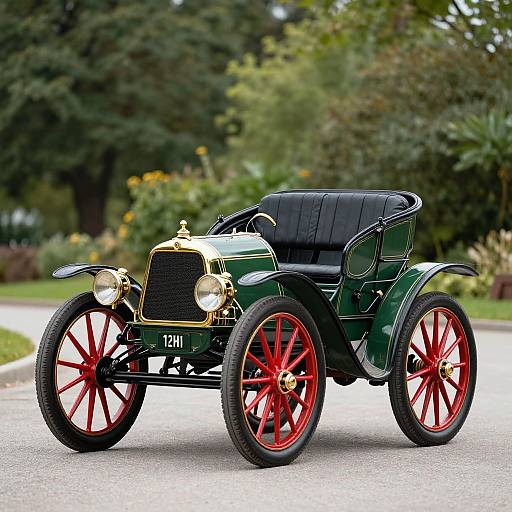 Photograph of a vintage green automobile with red spoked wheels, black leather seats, and gold accents, parked on a suburban street.
