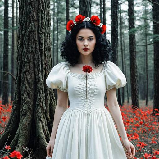 Woman in White Dress with Red Flowers in Forest