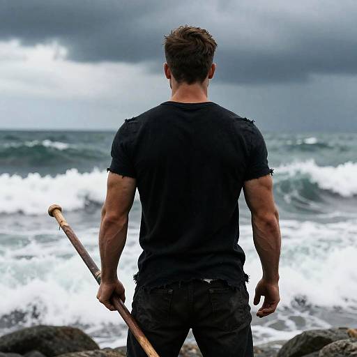 Muscular Man Facing Stormy Sea