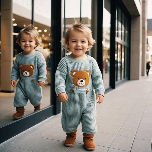 Smiling toddler in knit romper near shopping mall