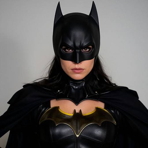 Photograph of a woman in a Batman costume, featuring a black cowl, mask with pointed ears, and a black leather suit with a yellow Bat