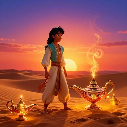 Digital illustration of a young man in desert attire, standing in a sandy desert at sunset, conjuring fire from an ornate, glowing genie lamp.