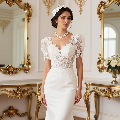 Photograph of a beautiful woman in a white lace wedding dress with short sleeves and a deep V-neck, wearing a pearl necklace, standing in an orn