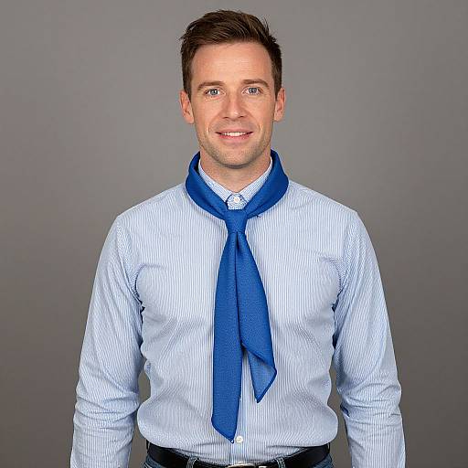 Photograph of a smiling, fair-skinned, brown-haired man with blue eyes, wearing a white striped shirt and blue tie, against a plain gray