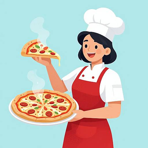 Cartoon-style illustration of a smiling female pizza chef with black hair, white shirt, red apron, and chef hat, holding two pizzas. Blue