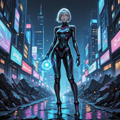 Futuristic Android Girl in Neon Cityscape