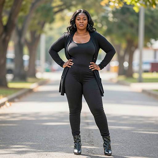 Confident Plus Size Black Woman in Black Outfit Outdoors