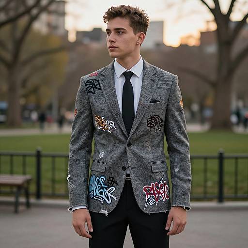 Photograph of a young man with short brown hair, wearing a gray, graffiti-decorated blazer, white shirt, black tie, and black