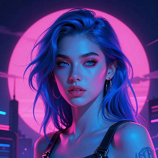 Digital portrait of a young woman with blue-tinted hair and neon pink background, wearing a black strap top, hoop earrings, and subtle makeup,