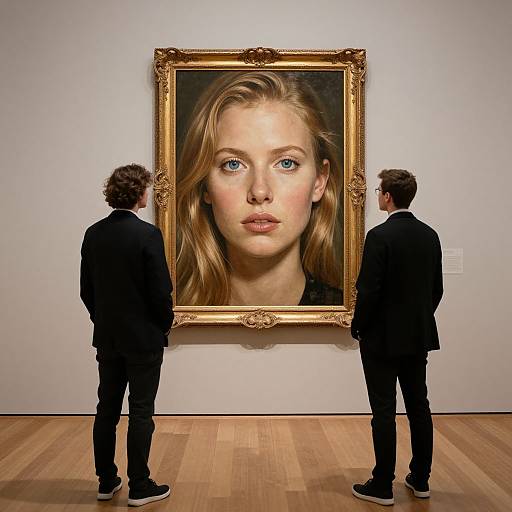 Photograph of two men in black suits standing before a large, ornate, golden-framed portrait of a blonde woman with blue eyes in an art