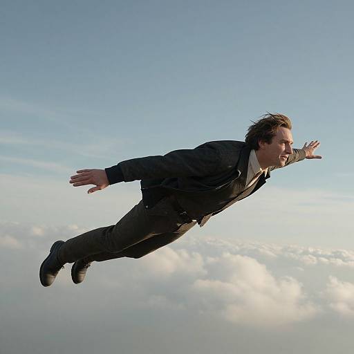 Photograph of a man in a dark suit flying through a clear blue sky with white clouds below, arms outstretched, expression focused.