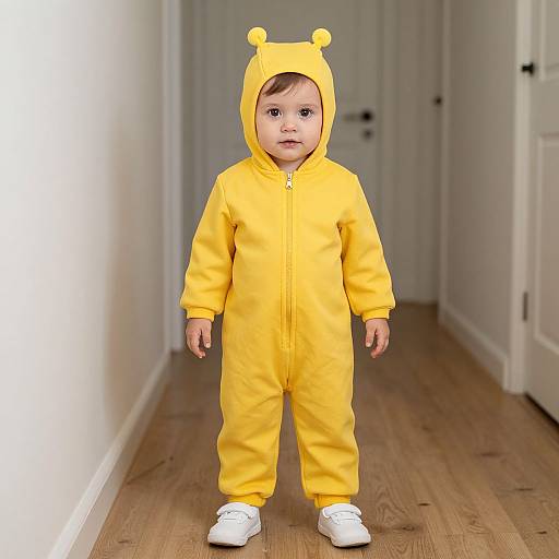 Photograph of a toddler in a bright yellow bear onesie with hood, standing in a wooden-floored hallway, wearing white shoes.