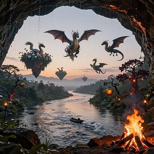 Fantasy cave painting of dragons flying over a river at sunset, with floating islands, a burning fire, and a small boat.