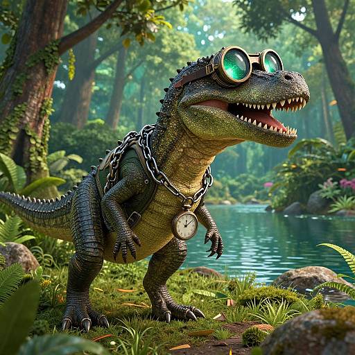 Digital illustration of a dinosaur wearing round green goggles, a silver chain, and a pocket watch, standing by a forest pond.