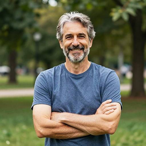 Smiling Middle-Aged Man in Sunlit Park
