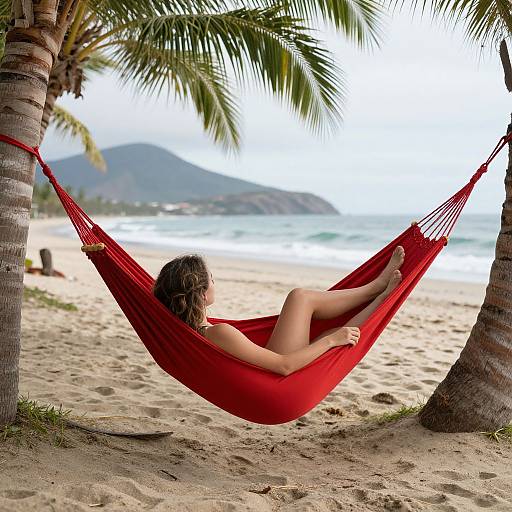 Photograph of a woman with curly brown hair, wearing a red bikini, relaxing in a red hammock between palm trees on a sandy beach with ocean