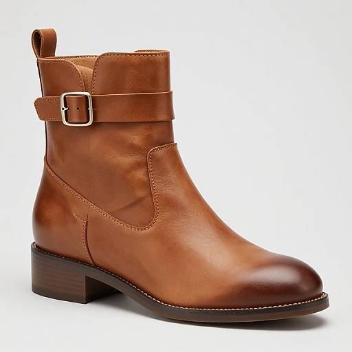 Photograph of a single, brown leather ankle boot with a buckle strap, rounded toe, and dark wooden heel, against a white background.