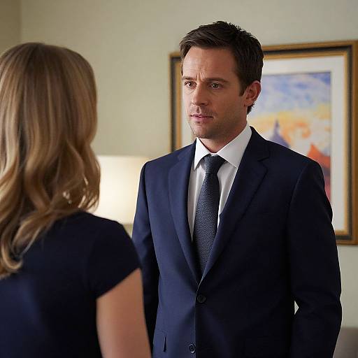 Photograph of a serious-looking man in a dark suit, white shirt, and black tie, facing a woman with blonde hair in a black top,