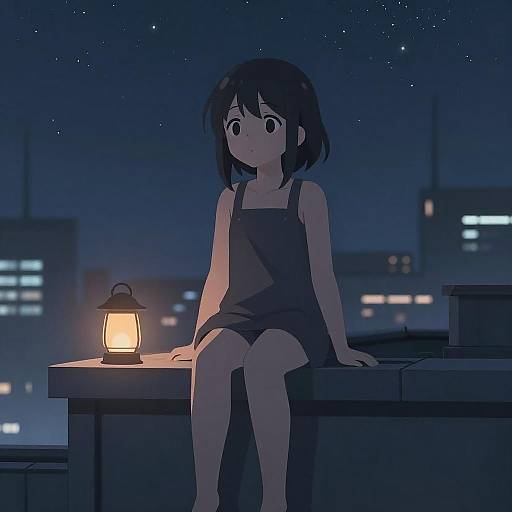 Anime-style digital drawing of a young girl with short black hair, wearing a dark dress, sitting on a rooftop at night, illuminated by a lantern,