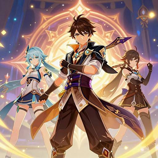Digital anime-style artwork of three characters in fantasy outfits with glowing magical background. Central brown-haired male with confident pose; blue-haired female with thigh-highs