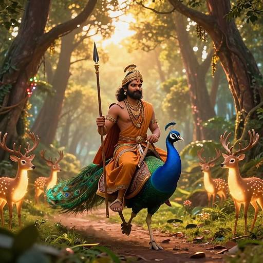 Murugan on Peacock in Enchanted Forest