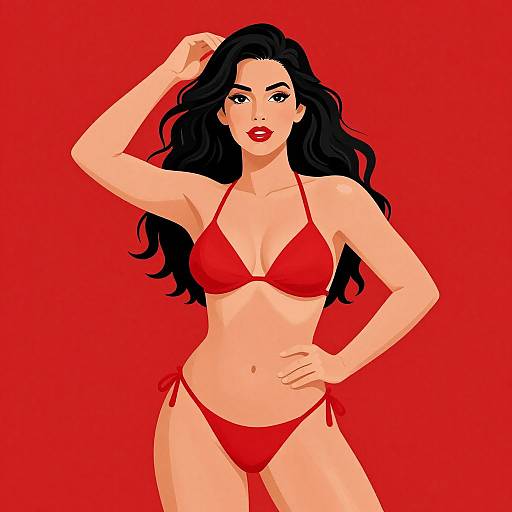 Digital illustration of a confident woman with long black hair, red bikini, and red background, striking a pose with one hand on her head.