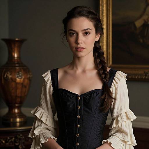 Photograph of a young woman with fair skin, dark brown hair in a braid, wearing a black corset over a white, ruffled blouse
