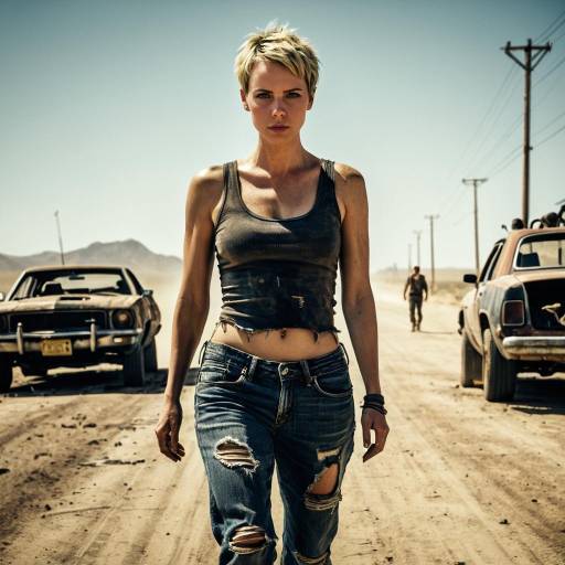 Woman Walking on Desert Road in Post-Apocalyptic Style