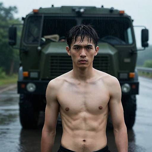 Serious Man by Rainy Military Truck