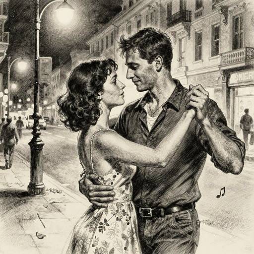 Black-and-white digital drawing of a dancing couple in a night-time urban street, illuminated by streetlights, with vintage buildings and pedestrians in the background.