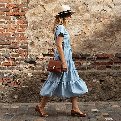 Woman Walking by Weathered Brick Wall