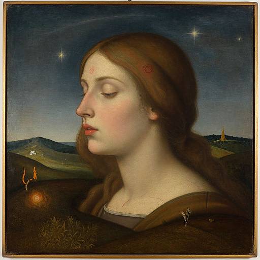 Renaissance-style painting of a serene young woman with closed eyes, fair skin, and brown hair, set against a night sky with stars.
