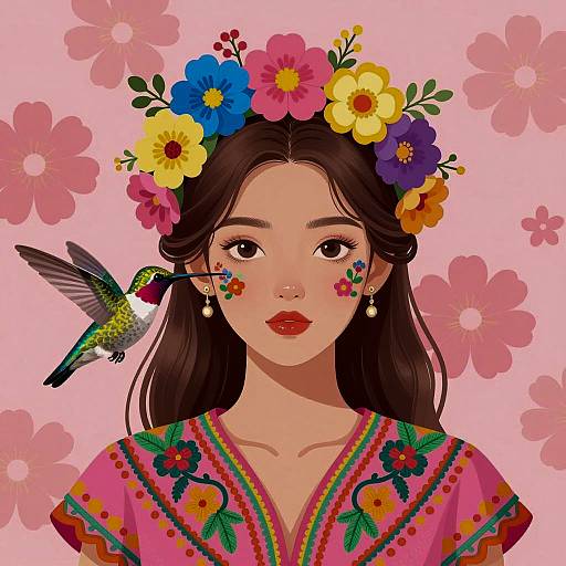 Digital Illustration of Woman with Floral Headpiece and Hummingbird