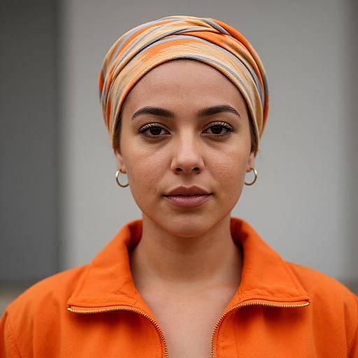 Photograph of a young woman with light brown skin, wearing an orange headscarf, orange zip-up jacket, and small hoop earrings, looking directly