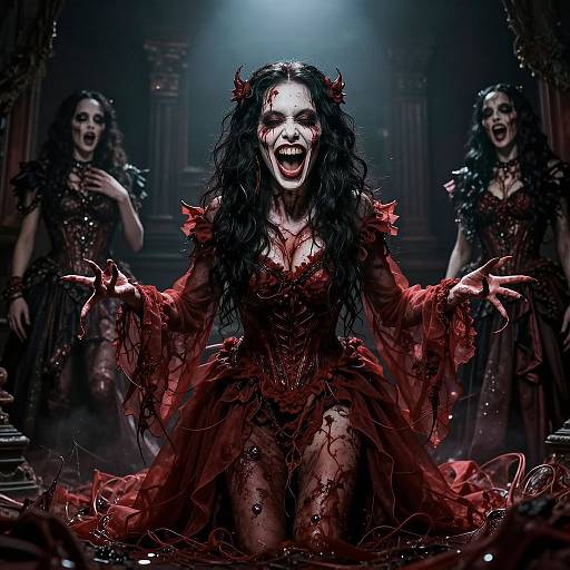 Photograph-like digital artwork of a blood-covered, demonic woman with long black hair, red dress, and horns, crouching menacingly, fl