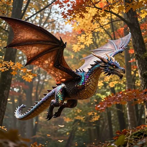 Photograph of a vibrant, iridescent dragon with large, translucent wings soaring through an autumn forest, surrounded by colorful leaves.
