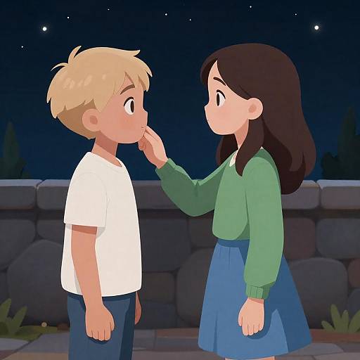 Children in a Starry Stone-Walled Scene