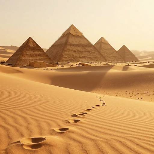 Photograph of three ancient pyramids in Egypt's golden desert, with footprints leading to the foreground, sunlight casting long shadows.