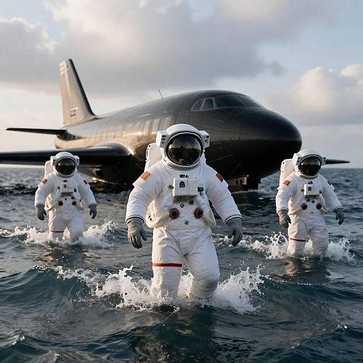 Astronauts Wading Through Ocean Waves