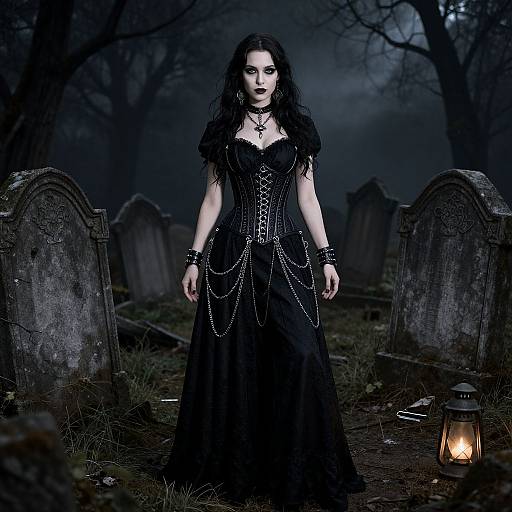 Gothic woman in black lace dress with chains, standing in dark, foggy graveyard; tombstones and lantern in background; eerie, mysterious atmosphere