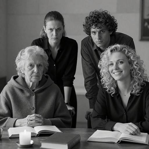Black and White Portrait of Four Adults at Table