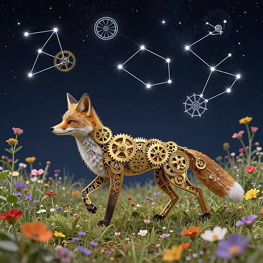 Digital artwork of a fox with gears and cog patterns on its fur, walking through a colorful flower field under a starry night sky with constellation diagrams.