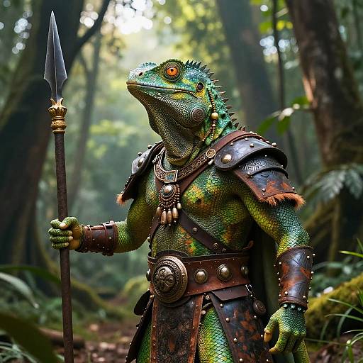 Anthropomorphic Lizard Warrior in Forest